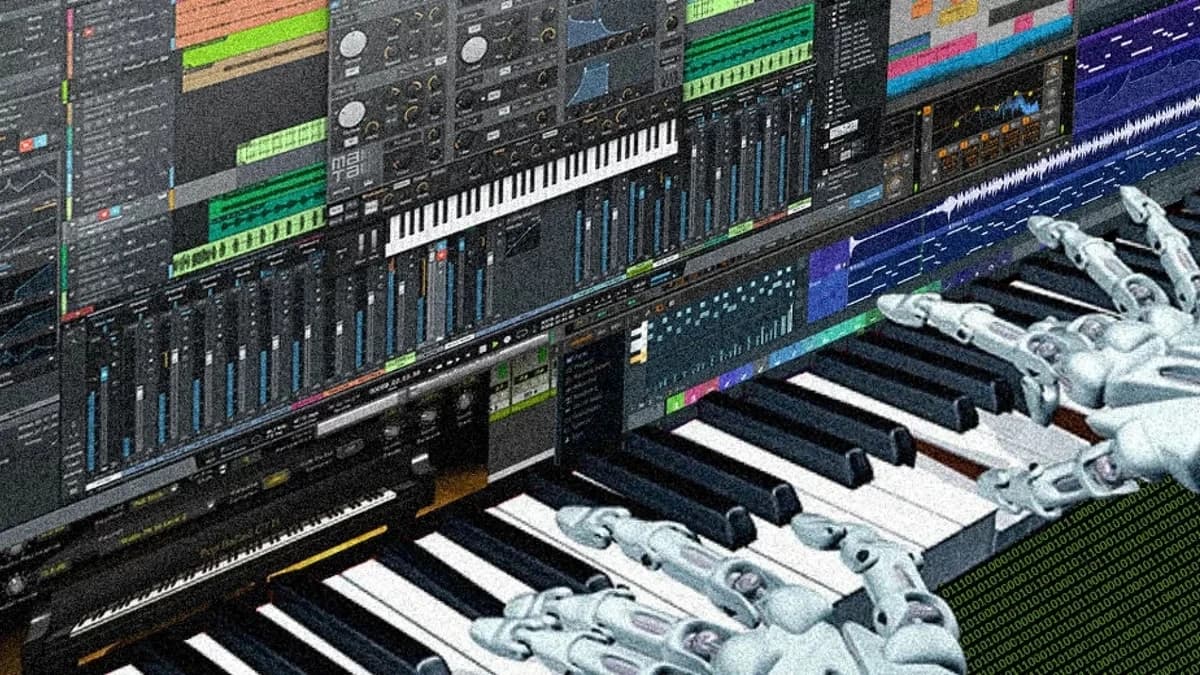 Robotyczne dłonie grają na klawiszach syntezatora na tle ekranu programu do produkcji muzyki - grafika ilustrująca muzykę tworzoną z udziałem AI